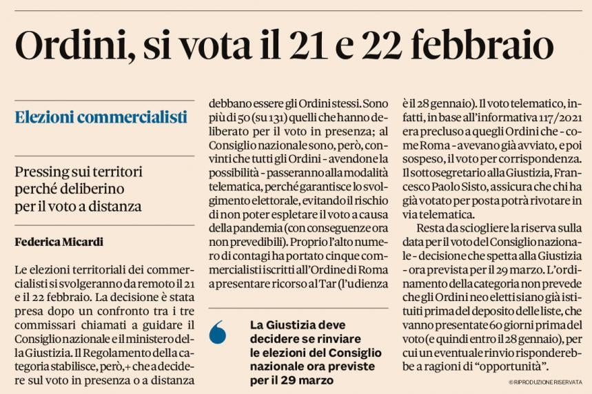 Ordini, si vota il 21 e 22 febbraio